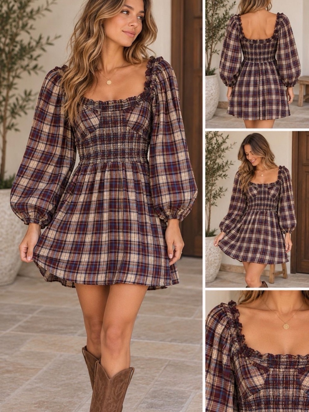 Angie Brown Plaid Smocked Mini Dress